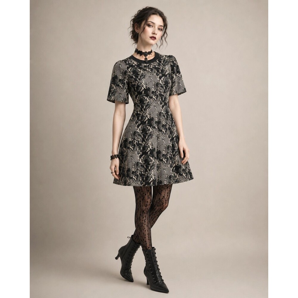 Next Dress Jacquard Knit Baroque Floral Mini Womens 10 Black White Goth Romantic
